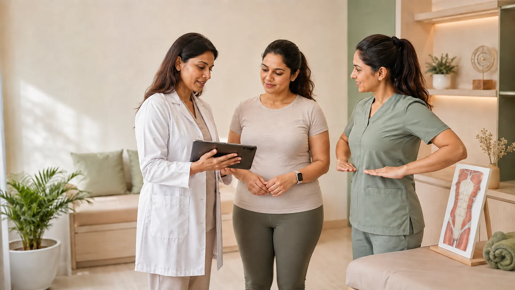 LIFE doctor and recovery specialist guiding a post-pregnancy Indian mother through her personalised Mummy Tummy program plan
